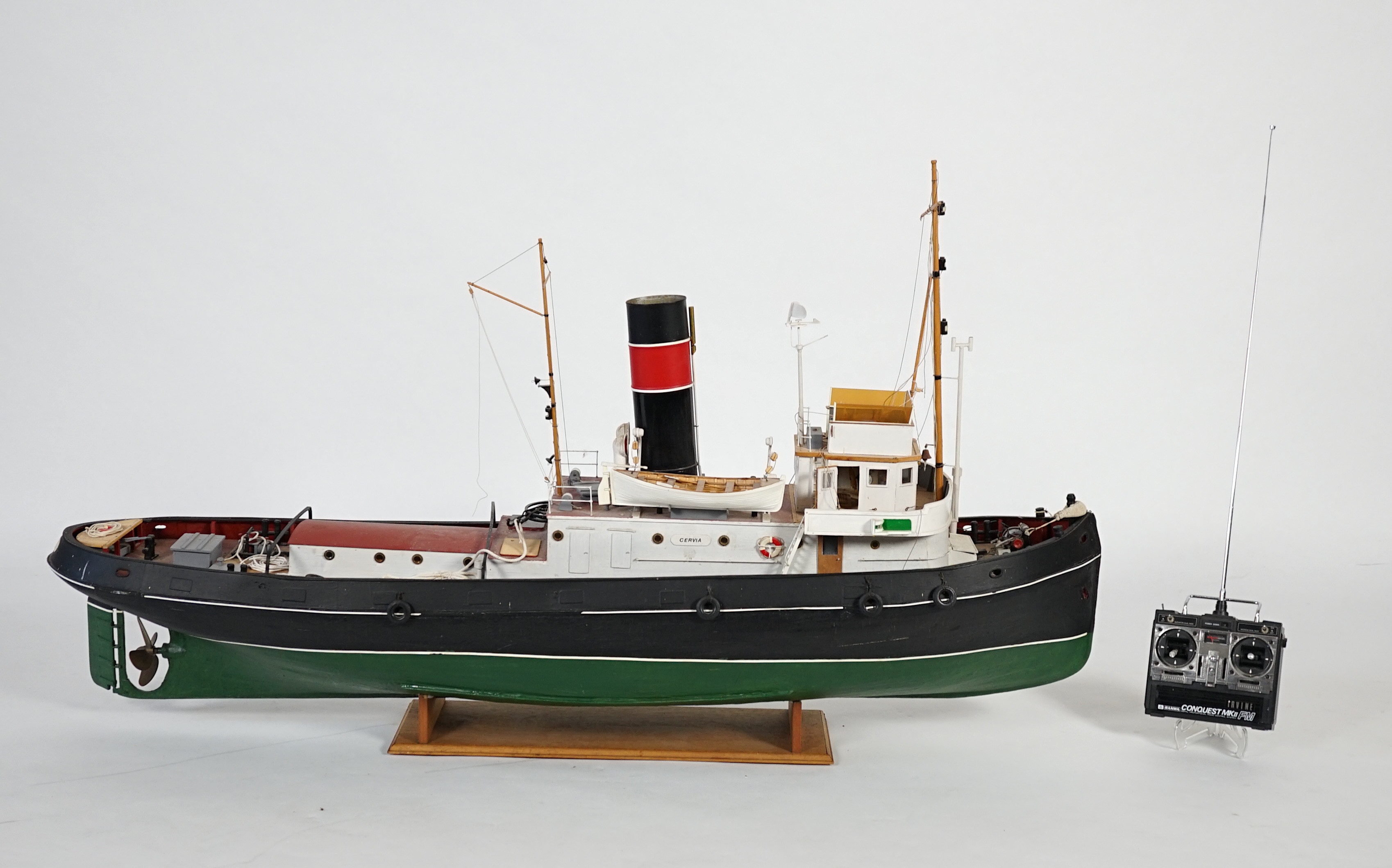 A kit built Maxwell Hemmens pond yacht style model of a 1930s Thames Tug after the firm Watkin & Sons, 150cm long